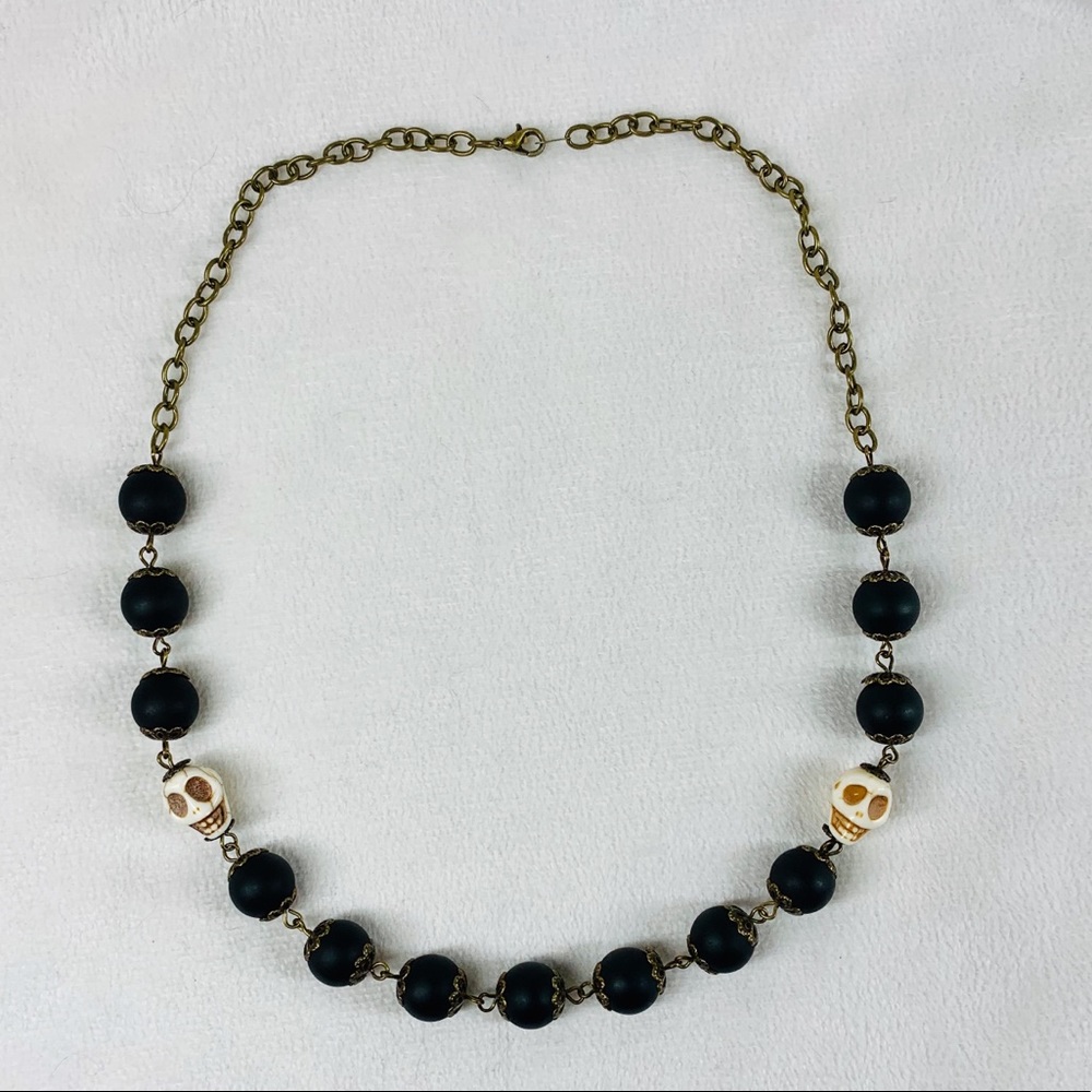 Skull and Black Bead Necklace